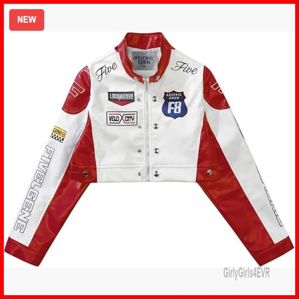 Cropped PU Leather Moto Jacket, Racing Style, Casual Streetwear